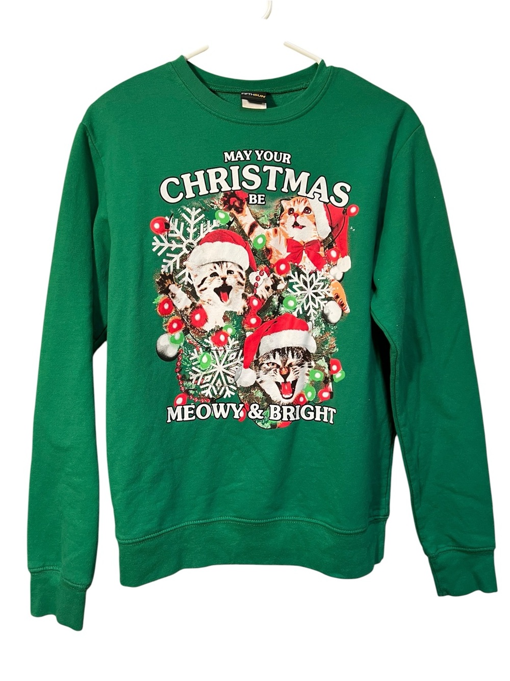 Fifth Sun Christmas Cats Sweatshirt Green Meowy and Bright M